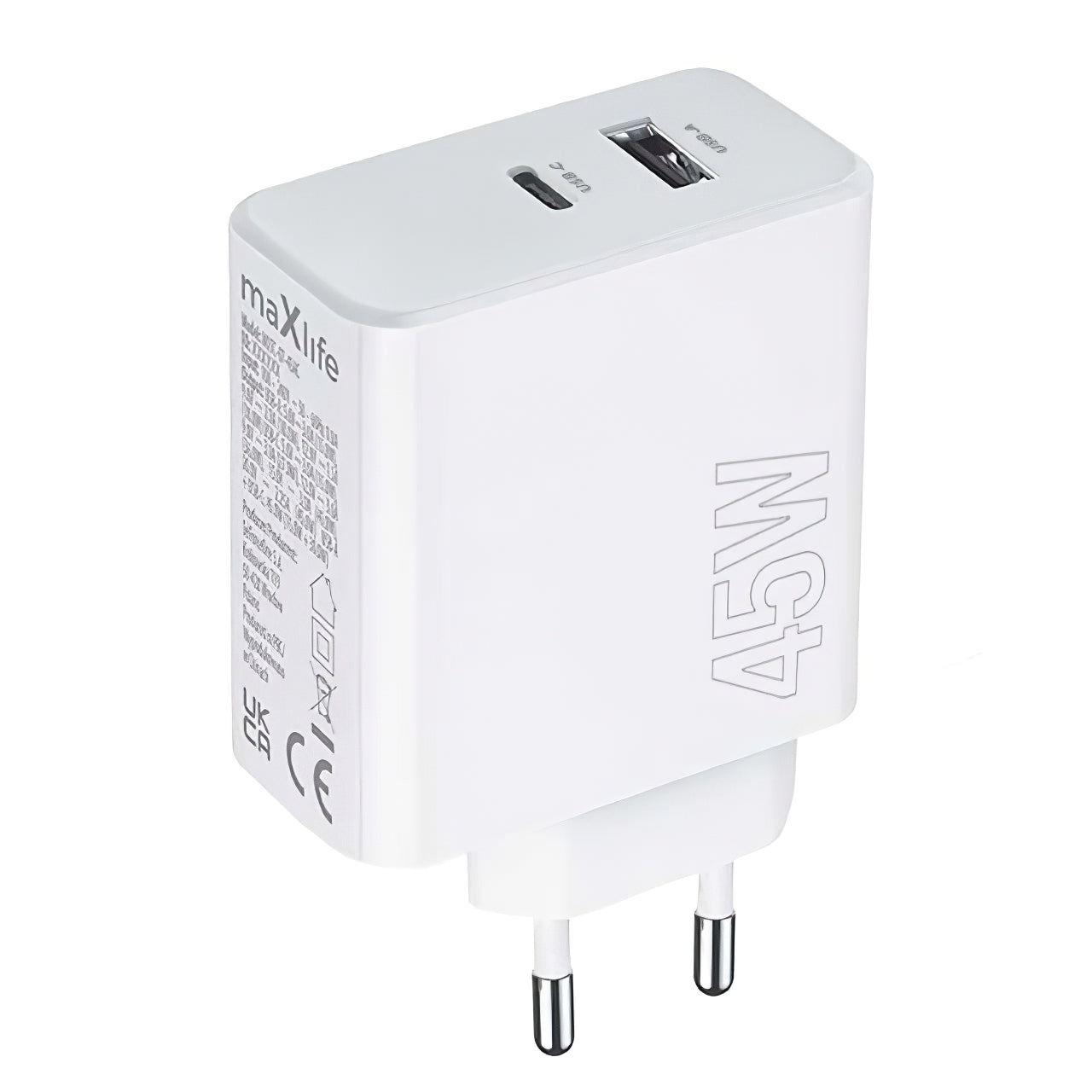 MaXlife MXTC-07-45AC Mains Charger, 45W, 3A, 1 x USB-A - 1 x USB-C, White