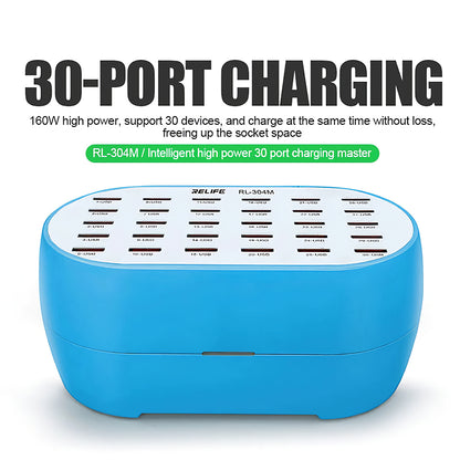 Relife RL-304M Wall Charger, 160W, 2.4A, 30 x USB-A, Blue