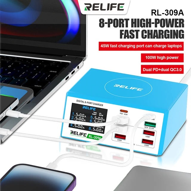 Relife RL-309A Wall Charger, 100W, 4.5A, 2 x USB-C - 6 x USB-A, Blue