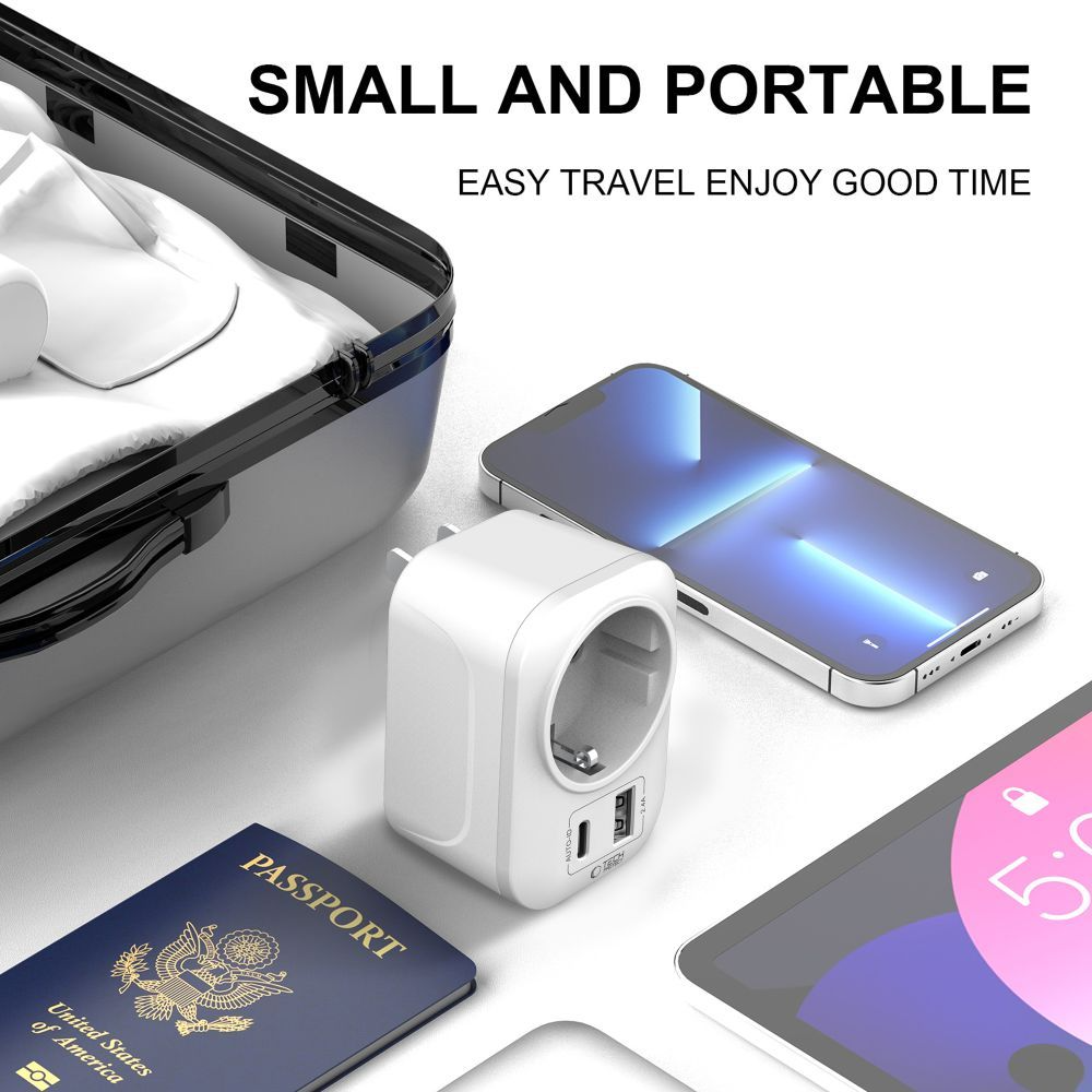 Tech-Protect TA100 Travel US Network Charger, 20W, 3A, 1 x Schuko - 1 x USB-A - 1 x USB-C, White