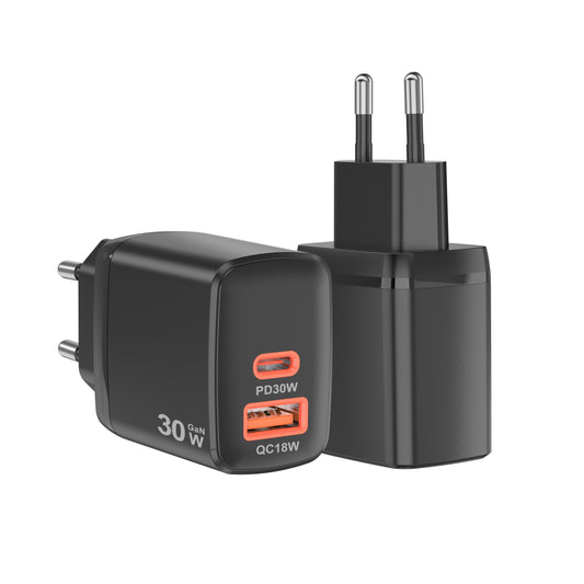 Techsuit CH1 Duonix Network Charger, 30W, 3A, 1 x USB-A - 1 x USB-C, Black