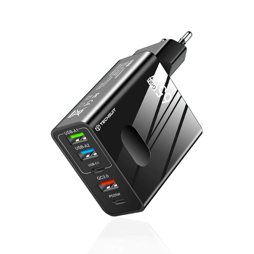 Techsuit CHC1 PentaXPower Network Charger, 25W, 3A, 3 x USB-A - 2 x USB-C, Black