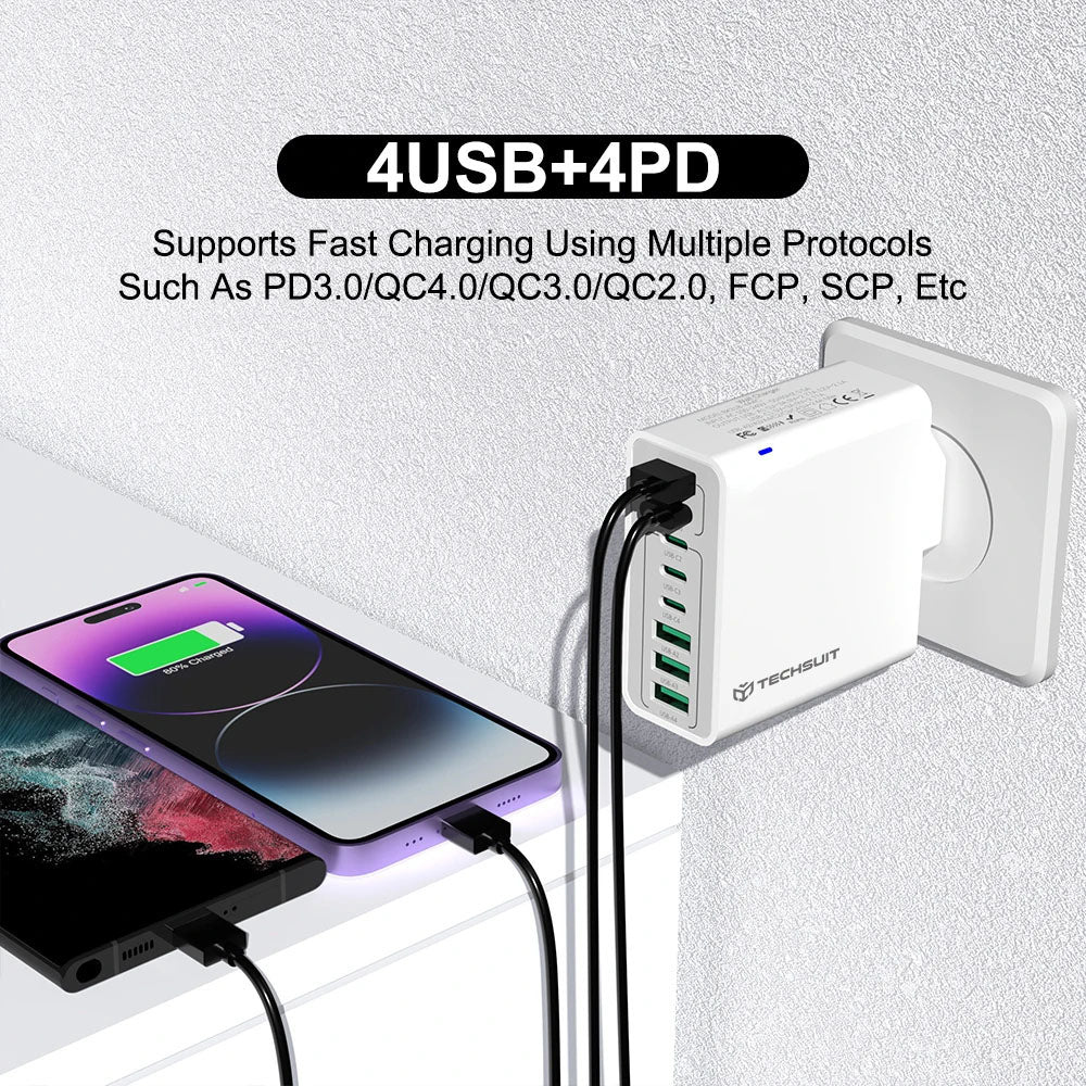 Techsuit CHPD224 Network Charger, 65W, 3.25A, 4 x USB-A - 4 x USB-C, Black