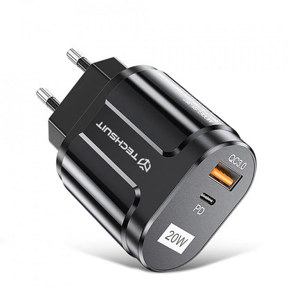 Techsuit Premium Network Charger, 20W, 3A, 1 x USB-A - 1 x USB-C, Black CHPD038