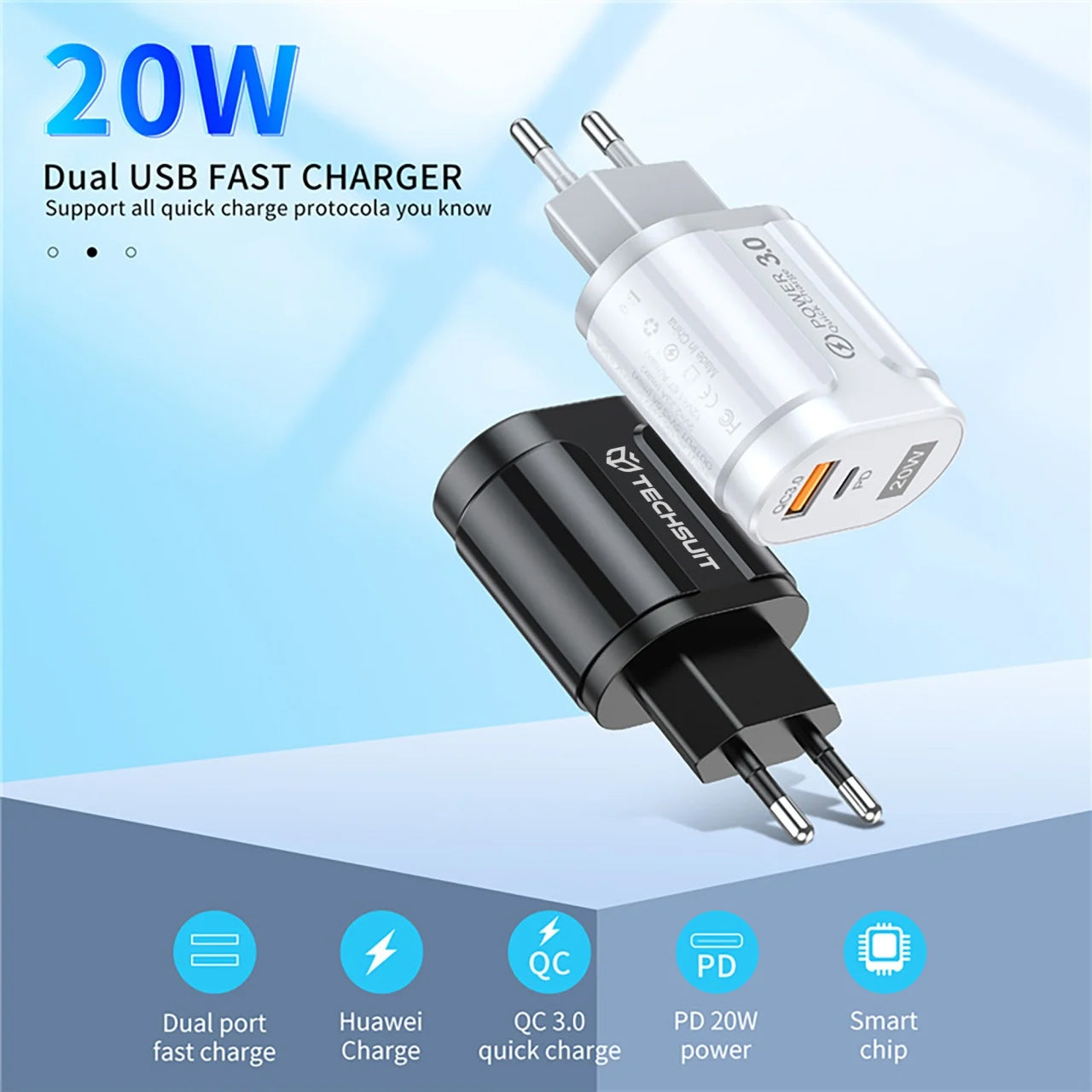 Techsuit Premium Network Charger, 20W, 3A, 1 x USB-A - 1 x USB-C, Black CHPD038