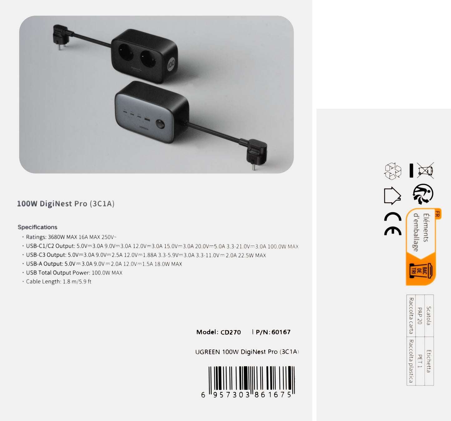 UGREEN CD270 Extension Cord, 2 x Schuko, Grey
