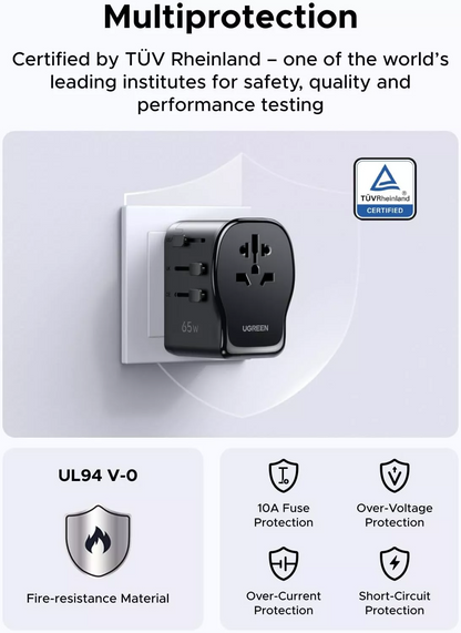 UGREEN Travel S550 Network Charger (55001), 65W, 3.25A, 1 x USB-A - 2 x USB-C, Black