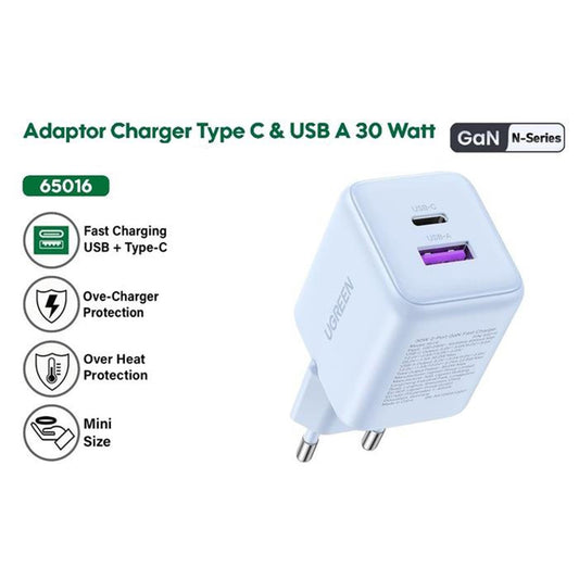 UGREEN X516 Network Charger, 30W, 3A, 1 x USB-A - 1 x USB-C, Black