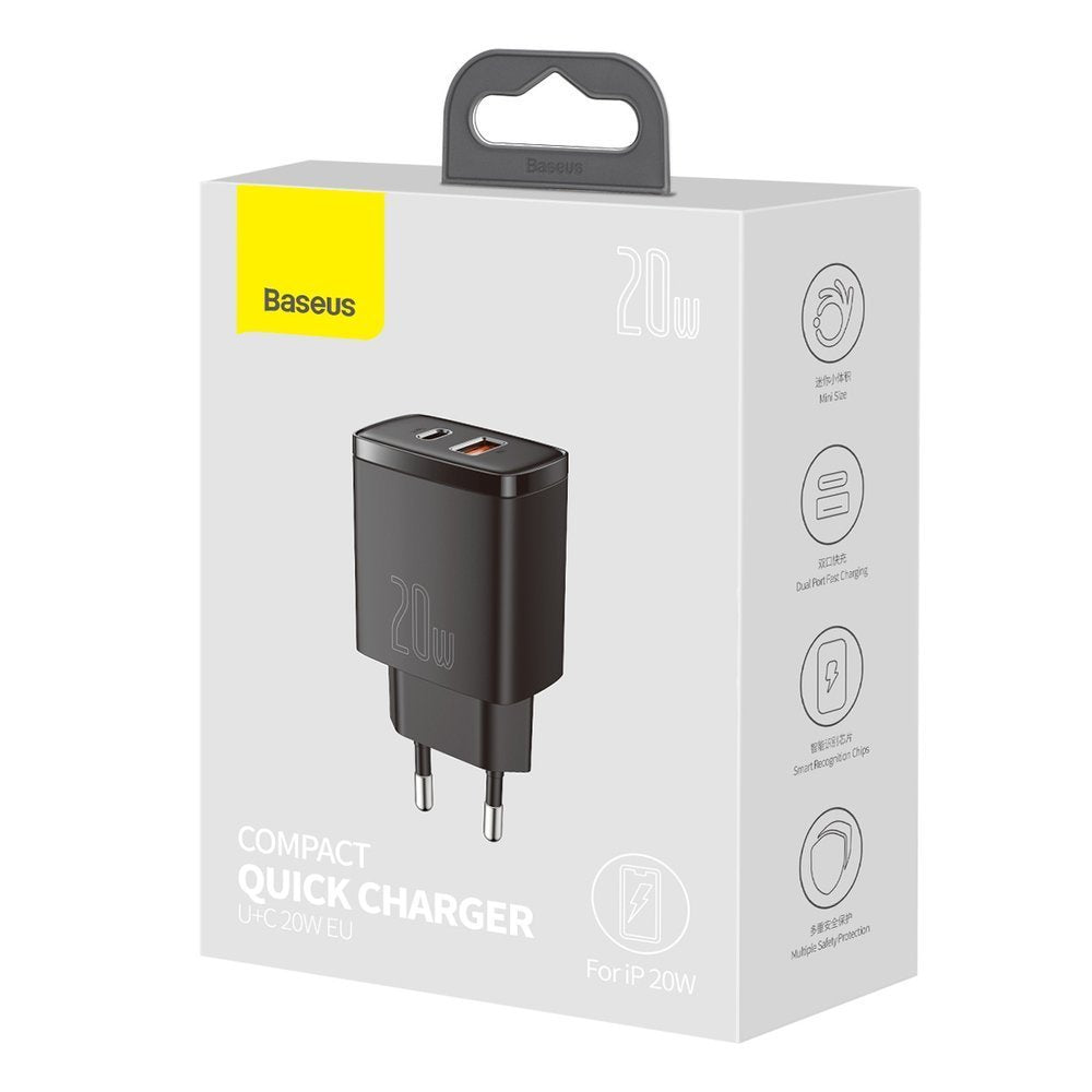 Baseus Compact Network Charger, 20W, 3A, 1 x USB-A - 1 x USB-C, Black CCXJ-B01