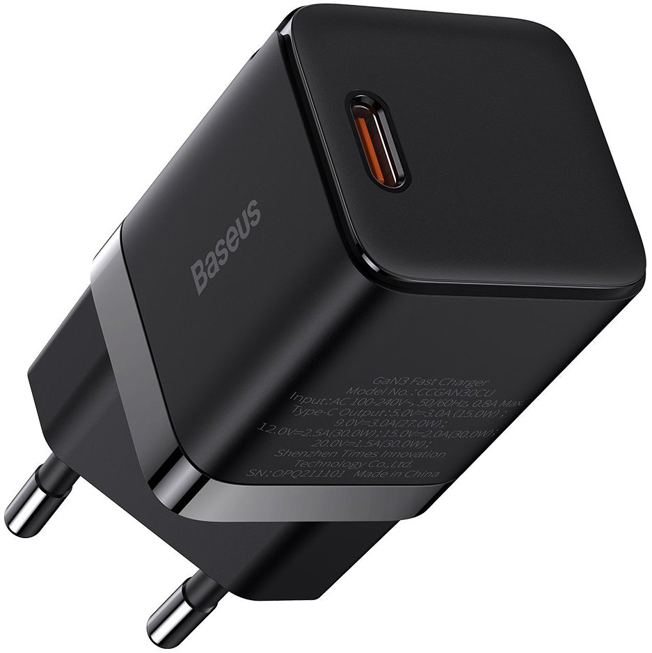 Baseus GaN3 Network Charger, 30W, 3A, 1 x USB-C, Black CCGN010101