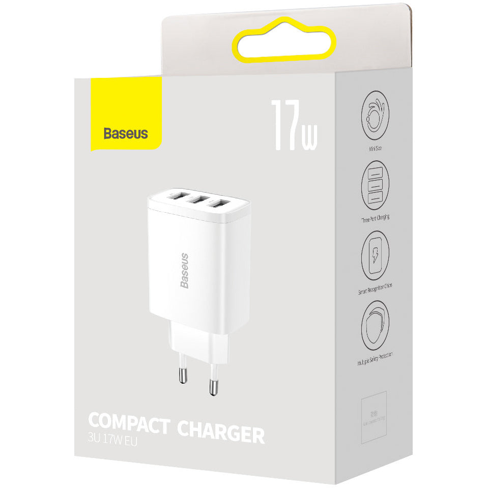 Baseus Compact 3U Network Charger, 17W, 2.1A, 3 x USB-A, White CCXJ020102