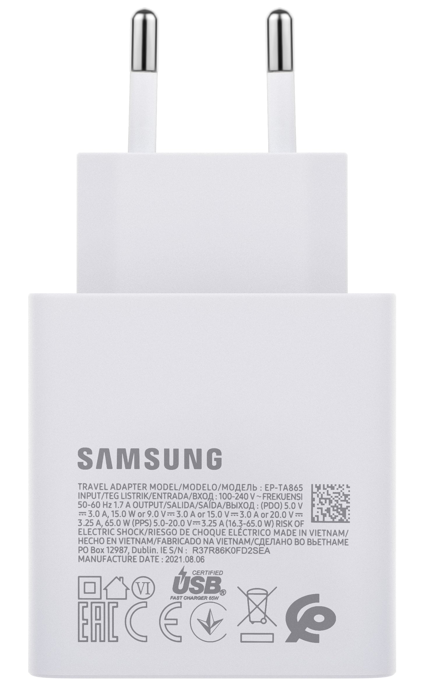 Samsung Network Charger EP-TA865W, 65W, 3.25A, 1 x USB-C, White GP-PTU020SODWQ