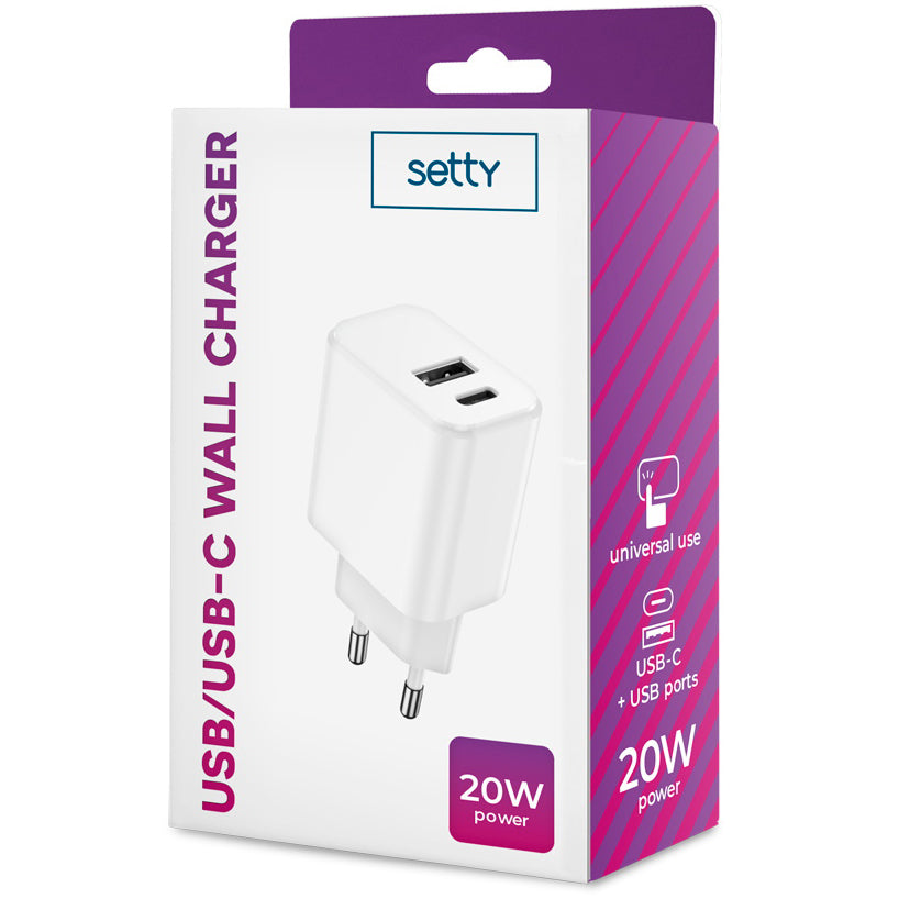 Setty Power Adapter, 20W, 3A, 1 x USB-A - 1 x USB-C, White