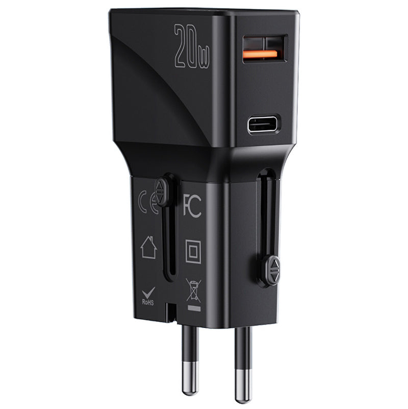 Yesido MC17 Travel Power Adapter, 20W, 3A, 1 x USB-A - 1 x USB-C, Black