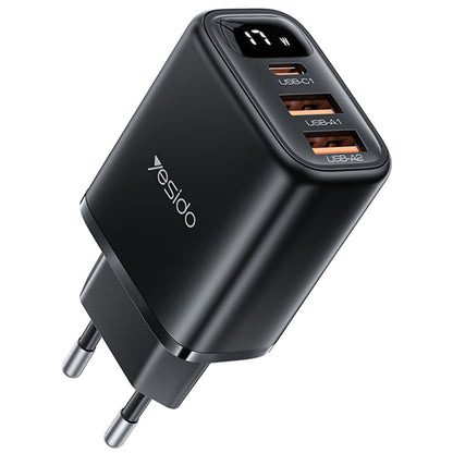 Yesido YC67 Display Network Charger, 17W, 2.4A, 2 x USB-A - 1 x USB-C, Black