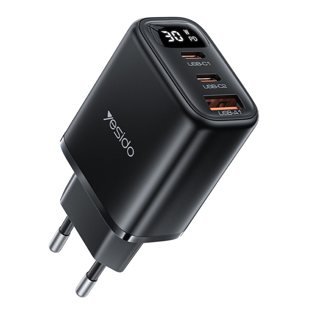 Yesido YC69 Display Network Charger, 30W, 3A, 1 x USB-A - 2 x USB-C, Black