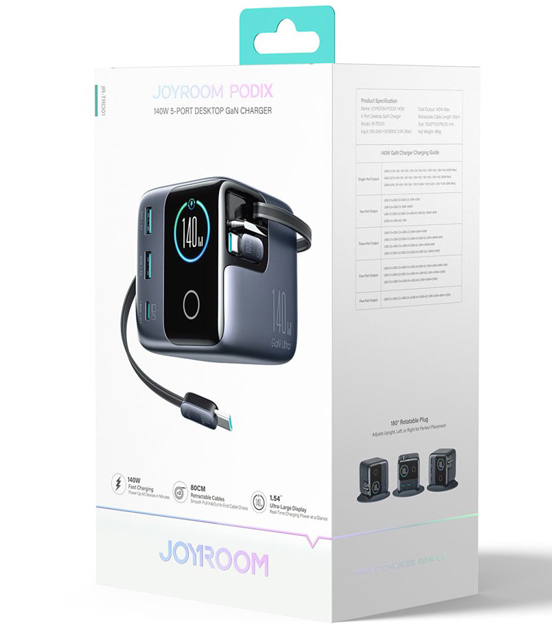 Joyroom Podix JR-TRD01 Charging Station with USB-C Cable, 140W, 1 x USB-C - 2 x USB-A, Gray
