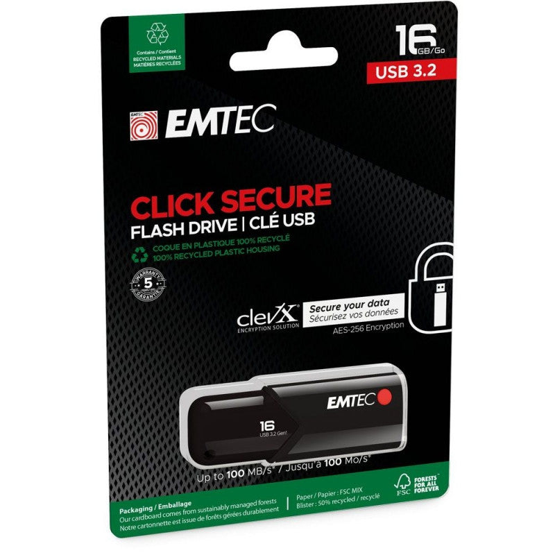 External USB-A 3.2 Emtec B120 Click Secure Memory, 16Gb ECMMD16GB123