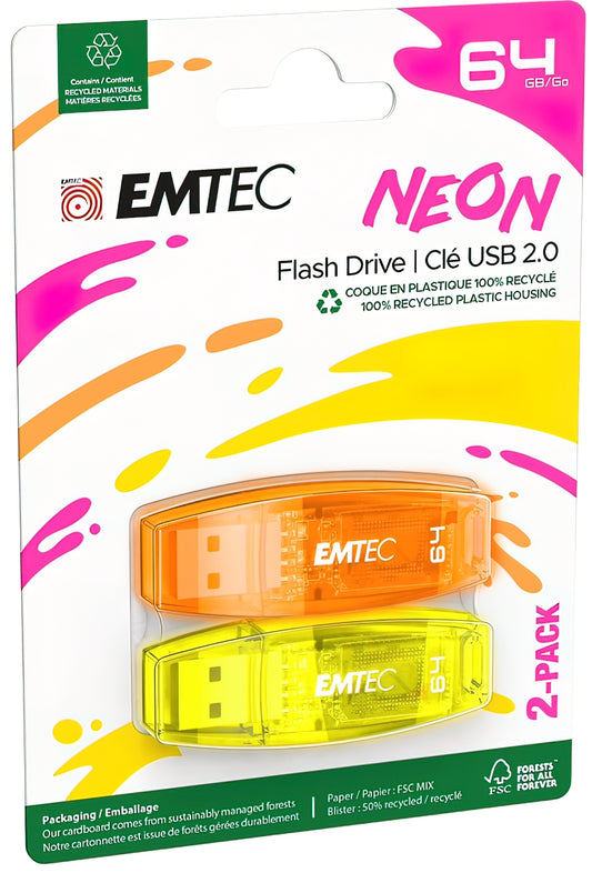 External USB-A Memory Emtec C410 Neon, 64Gb, Set of 2 pieces ECMMD64GC41