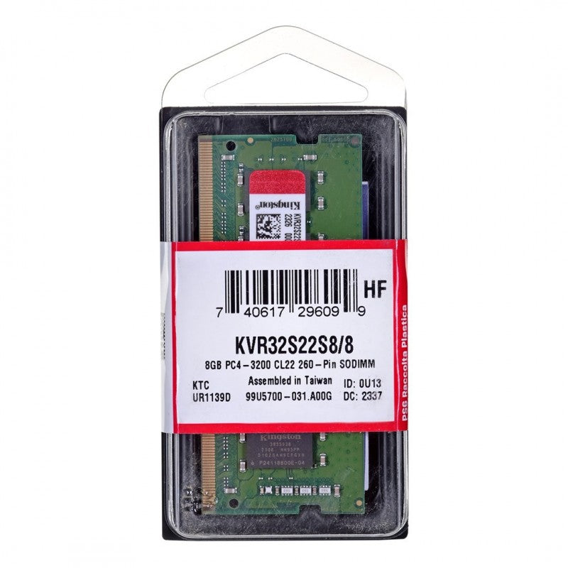 Kingston ValueRAM RAM, DDR4 SODIMM, 8GB, 3200MHz KVR32S22S8/8