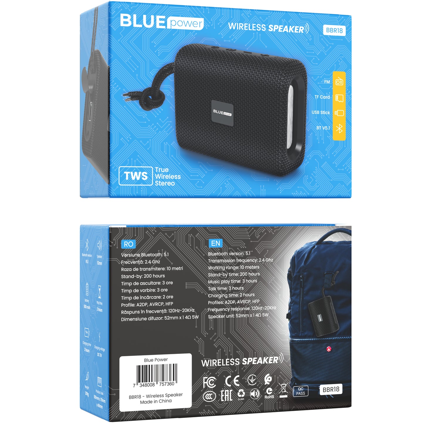 BLUE Power BBR18 Encourage Sports Portable Bluetooth Speaker, 5W, TWS, Black