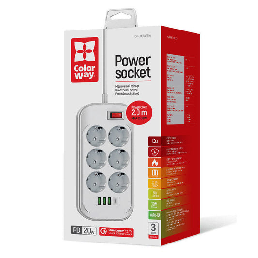 ColorWay Extension Cord, 6 x Schuko, White