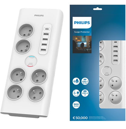 Philips extension cord, 1 x USB-C - 4 x USB-A - 6 x Schuko, White PHIL-SPN7060WA/60