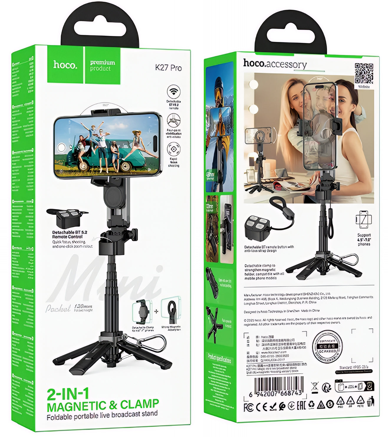 Bluetooth Selfie Stick HOCO K27 Pro, Universal, Black